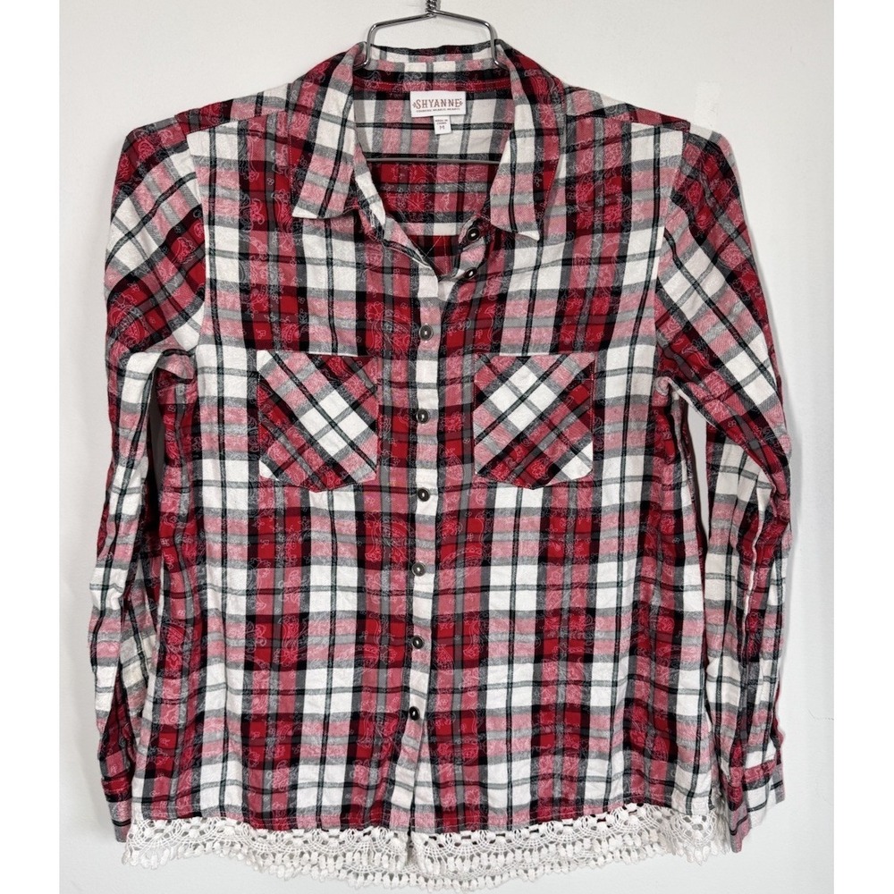 Shyanne Red Flannel Pearl Snap Up Shirt Women's M Crochet Trim Cowgirl Rodeo
